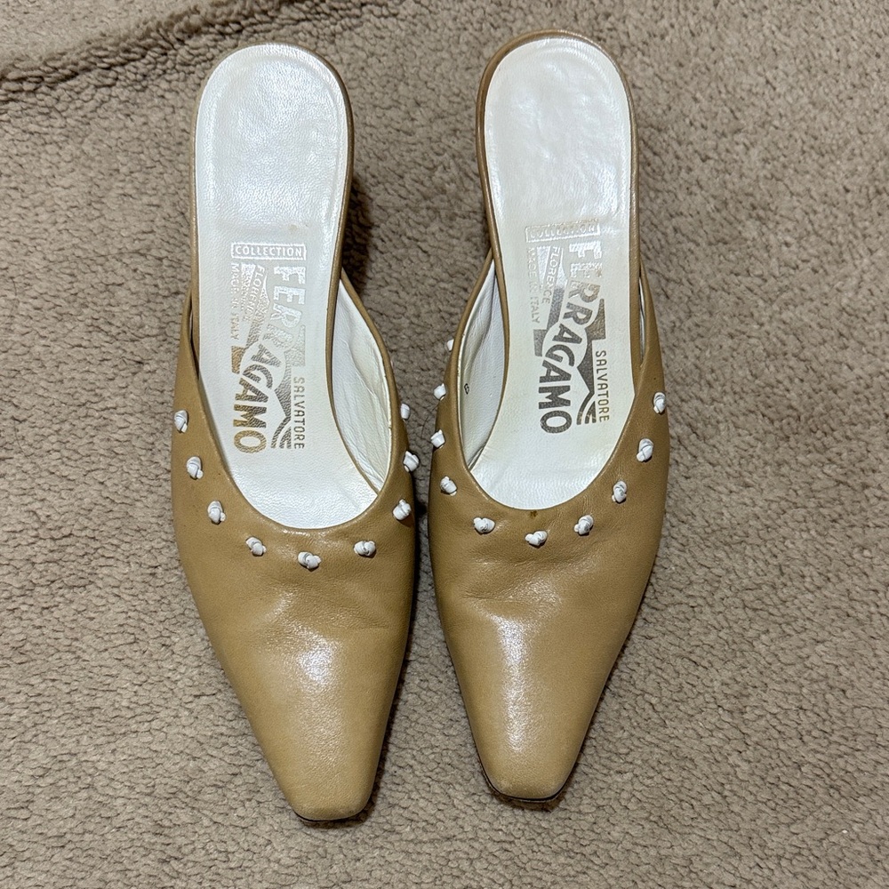 Salvatore Ferragamo Tan Mules with White Accents